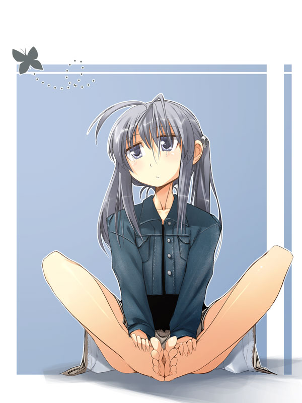 jirou (chekoro), nekuroma, looking away, 1girl, antenna hair, barefoot, bug, butterfly, butterfly sitting, feet, female focus, grey eyes, grey hair, hands on feet, insect, jacket, sitting, soles, solo, toes, twintails
