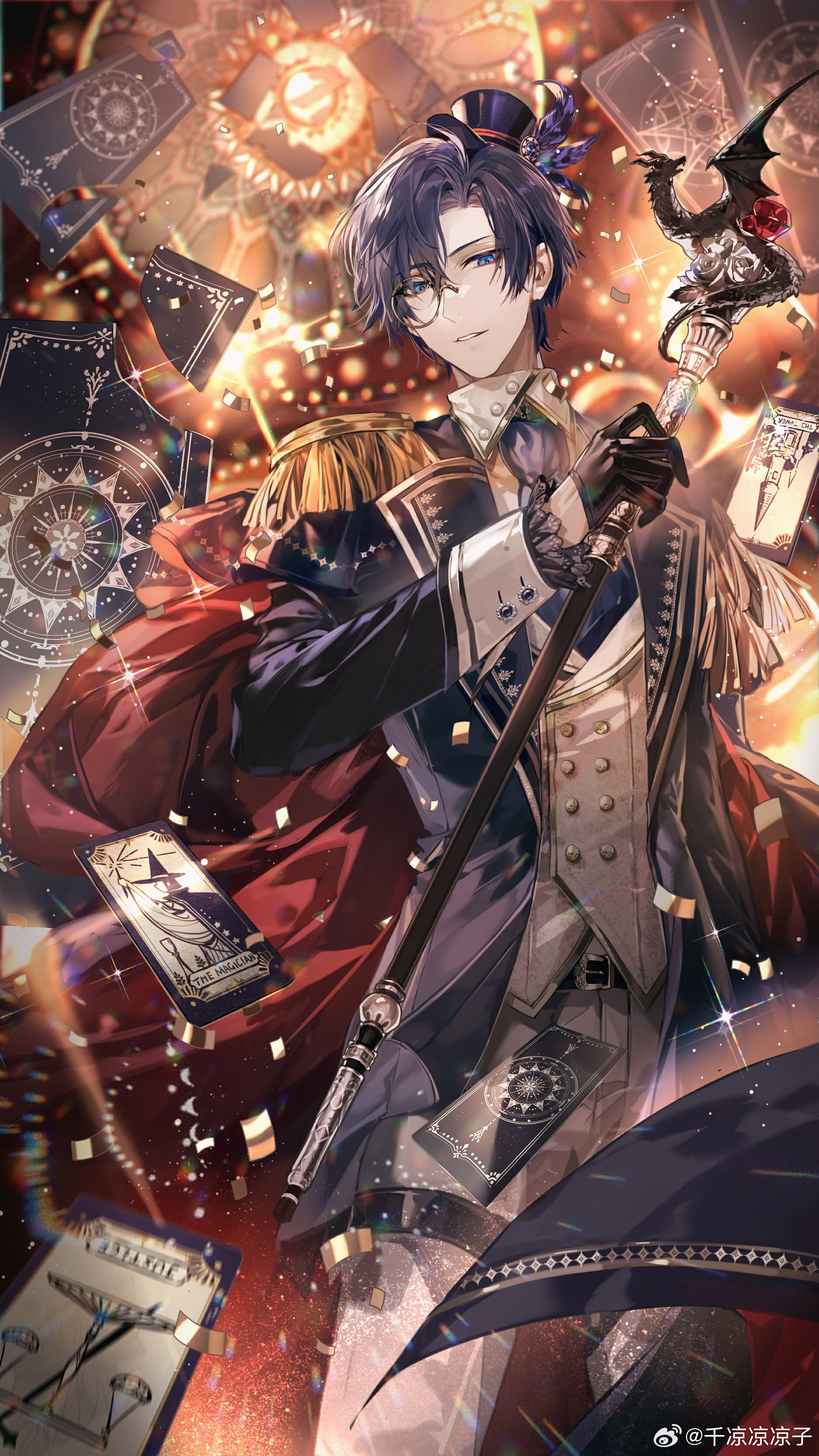 senryoko, clarence clayden, lovebrush chronicles, absurdres, bad source, chinese commentary, highres, official art, 1boy, ascot, black gloves, black hat, blue ascot, blue eyes, blue hair, blue jacket, broken, buttoned cuffs, buttons, cape, card, collared shirt, confetti, cowboy shot, curtained hair, diffraction spikes, double-breasted, dragon, epaulettes, floating card, frilled sleeves, frills, gem, gloves, hair between eyes, half gloves, hand up, hat, hat feather, holding, holding staff, jacket, justice (tarot), lapels, light particles, long sleeves, looking at viewer, male focus, mini hat, mini top hat, mole, mole under eye, monocle, open clothes, open jacket, pants, parted lips, red cape, red gemstone, refraction, shirt, short hair, sideways glance, sleeve cuffs, small dragon, smile, solo, staff, stained glass, tarot, tarot card, the magician (tarot), the tower (tarot), thigh strap, top hat, vest, watermark, weibo watermark, white pants, white shirt, white vest