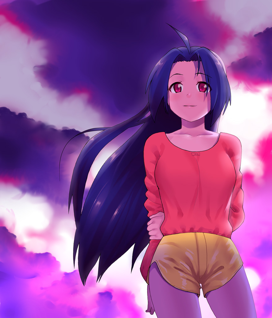 lunch (shin new), miura azusa, idolmaster, idolmaster (classic), idolmaster 1, 00s, 1girl, ahoge, blue hair, cloud, cloudy sky, collarbone, contrapposto, cowboy shot, female focus, long hair, long sleeves, looking at viewer, low neckline, red eyes, short shorts, shorts, sky, solo, standing, sweater