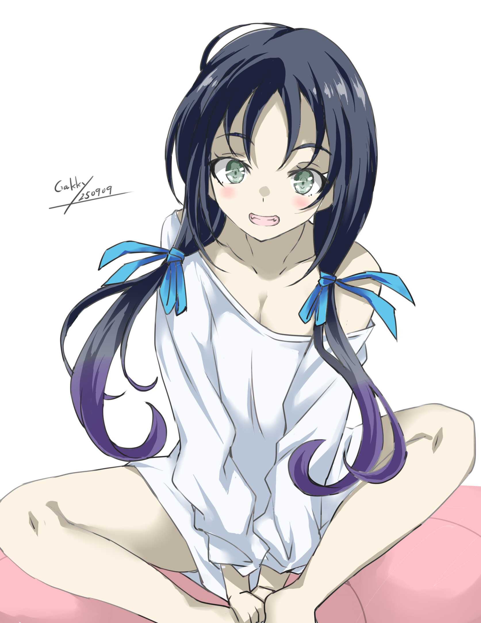 gakky, suzukaze (kancolle), kantai collection, highres, 1girl, alternate costume, artist name, black hair, blue hair, breasts, butterfly sitting, dated, gradient hair, green eyes, hair ribbon, long hair, long sleeves, low twintails, multicolored hair, one-hour drawing challenge, ribbon, shirt, sitting, small breasts, solo, twintails, white shirt