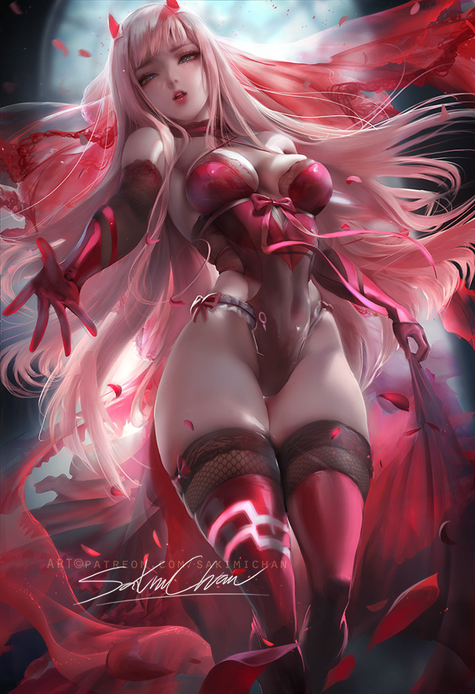 sakimichan, zero two (darling in the franxx), darling in the franxx, 1girl, alternate costume, blurry, blurry background, breasts, bride, detached sleeves, dress, falling petals, fishnets, horns, large breasts, latex, lips, long hair, open mouth, petals, pink hair, red eyes, see-through clothes, thighhighs, veil, very long hair, wedding dress