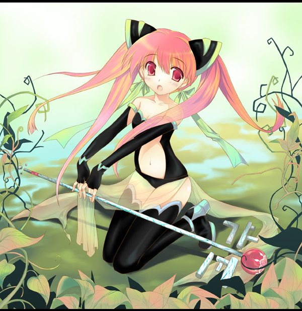 uemoto masato, original, elbow gloves, fantasy, gloves, pink hair, solo, staff, thighhighs