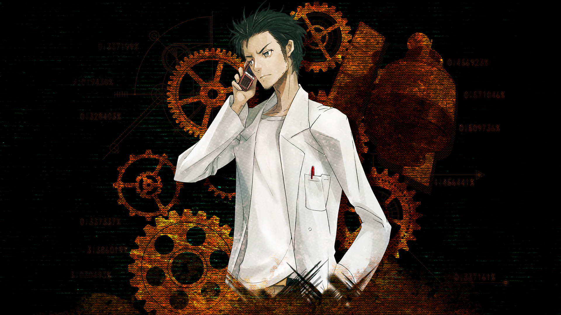 huke, okabe rintarou, science adventure, steins;gate, steins;gate: linear bounded phenogram, game cg, highres, official art, official wallpaper, 1boy, adam's apple, beard stubble, belt, black background, black belt, black hair, breast pocket, brown pants, coat, collarbone, expressionless, facial hair, frown, gears, grey eyes, hand in pocket, holding, holding phone, lab coat, lapels, leather belt, long sleeves, messy hair, notched lapels, object in pocket, pants, pen in pocket, phone, pocket, ringed eyes, serious, shirt, shirt partially tucked in, solo, square pupils, stubble, t-shirt, white coat, white shirt