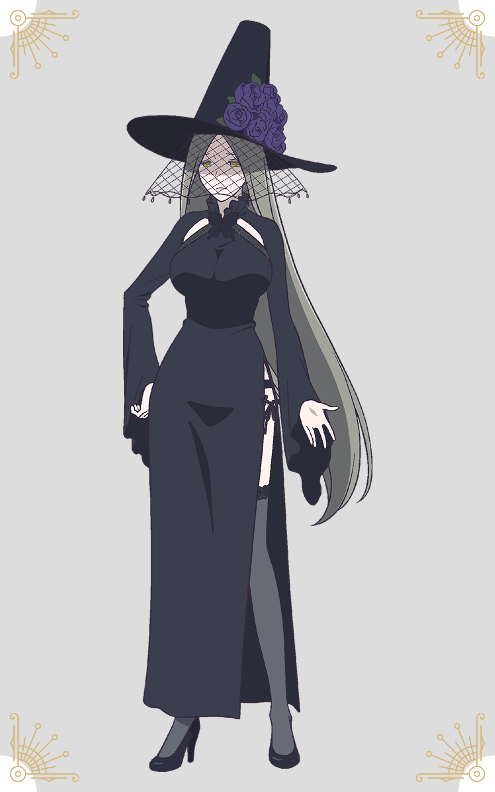 shiwasu takashi, heliodor (kinsou no vermeil), kinsou no vermeil, highres, official art, 1girl, anime coloring, black hat, black shoes, breasts, collared dress, dress, flower, full body, grey background, grey hair, grey thighhighs, hand on own hip, hat, high heels, large breasts, long hair, long sleeves, looking at viewer, open hand, parted bangs, purple flower, purple rose, rose, shoes, side slit, simple background, solo, spread fingers, standing, tachi-e, thighhighs, thighs, very long hair, wide sleeves, yellow eyes