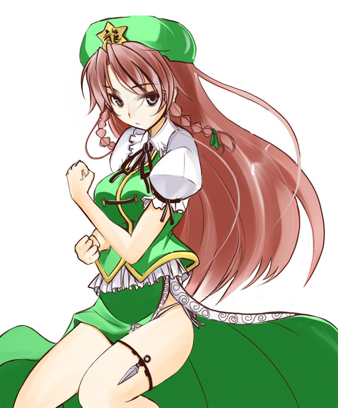 takaharu, hong meiling, immaterial and missing power, touhou, 1girl, braid, breasts, china dress, chinese clothes, dress, female focus, grey eyes, hat, holster, kunai, long hair, panties, red hair, simple background, solo, star (symbol), thigh holster, thigh strap, twin braids, underwear, weapon