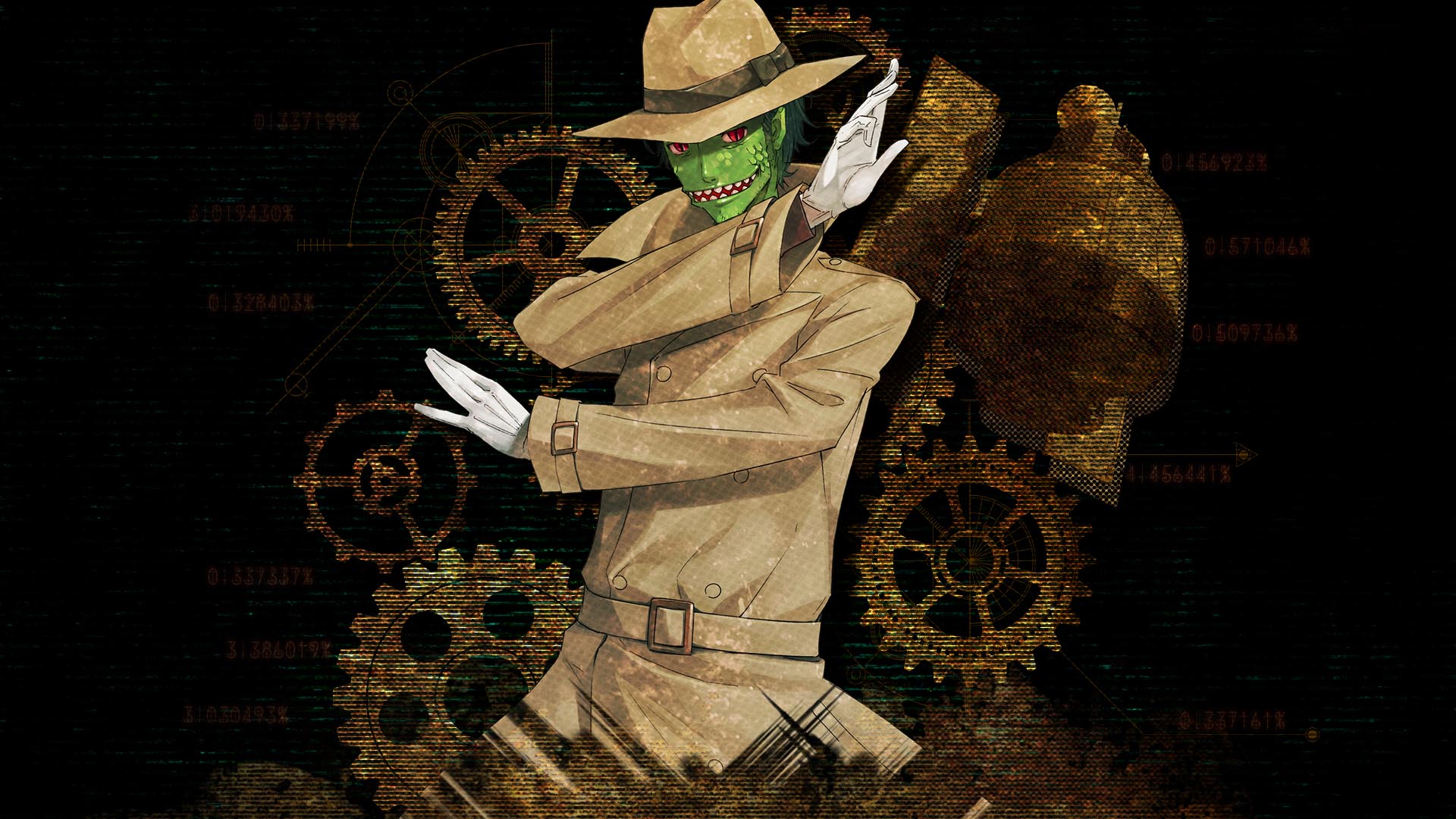 huke, okabe rintarou, science adventure, steins;gate, steins;gate: linear bounded phenogram, game cg, highres, official art, official wallpaper, 1boy, coat, colored skin, fedora, gloves, green skin, grin, hat, okabe rintarou (lizardman), outstretched crossed arms, red eyes, sharp teeth, slit pupils, smile, solo, teeth, trench coat, white gloves
