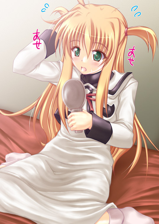 uminchu, arisa bunnings, lyrical nanoha, mahou shoujo lyrical nanoha, mahou shoujo lyrical nanoha a's, 00s, 1girl, bed, blonde hair, dress, female focus, green eyes, hairdressing, long hair, mirror, open mouth, school uniform, serafuku, short twintails, socks, solo, twintails, two side up