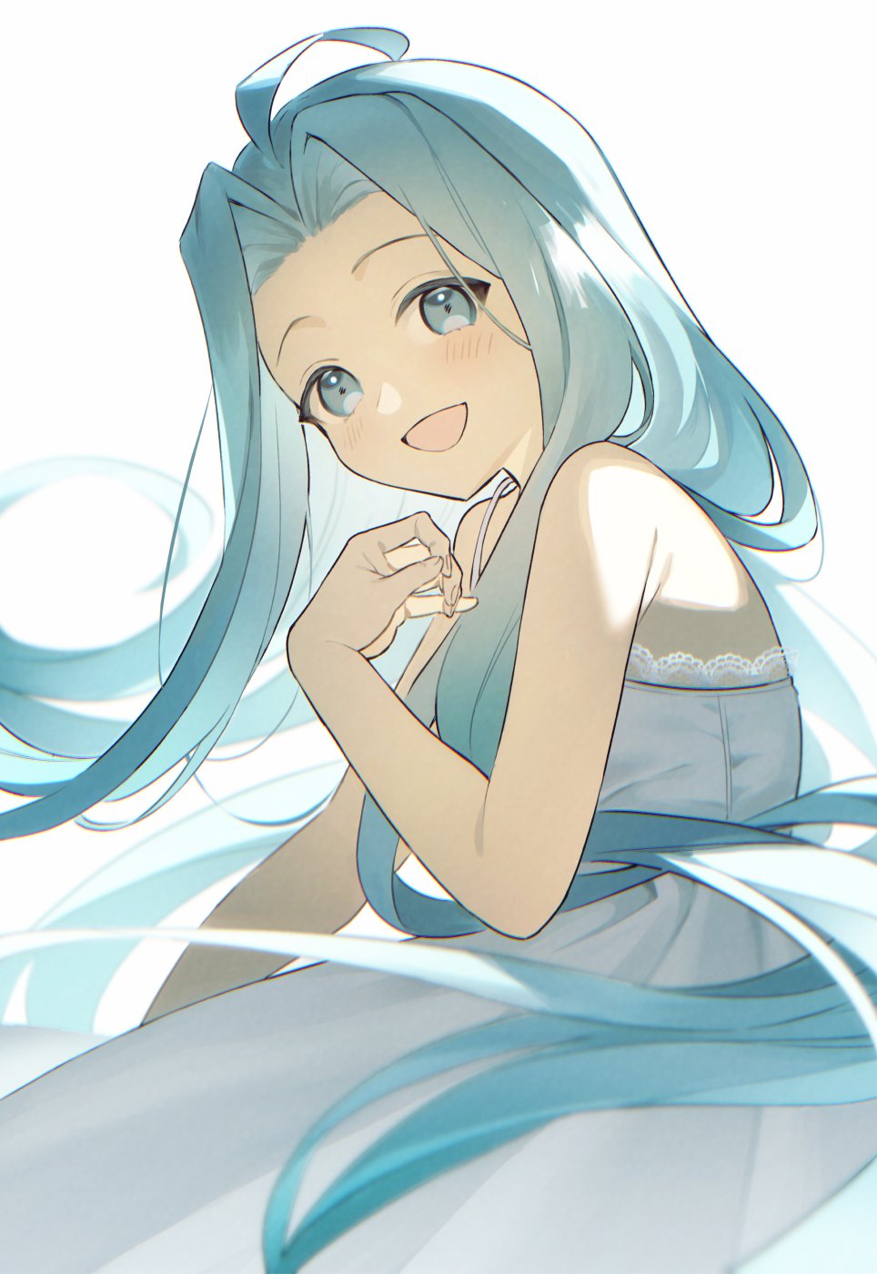 umeda shiso, lyria (granblue fantasy), granblue fantasy, highres, 1girl, ahoge, bare shoulders, blue eyes, blue hair, dress, long hair, looking at viewer, open mouth, smile, solo, very long hair, white dress