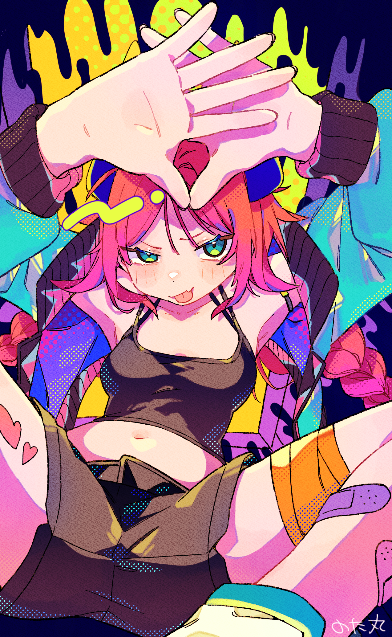 notamaru 2, original, commentary request, highres, 1girl, ako-chan (notamaru 2), arms up, artist name, bandaged leg, bandages, bandaid, bandaid on leg, bare shoulders, black shirt, black shorts, blue horns, blush, braid, breasts, closed mouth, crop top, cropped shirt, fang, fang out, feet out of frame, green eyes, green jacket, horns, jacket, long hair, long sleeves, looking at viewer, medium breasts, midriff, navel, open clothes, open jacket, pink hair, purple background, shirt, shoes, shorts, sitting, skin fang, sleeveless, sleeveless shirt, solo, spread legs, tongue, tongue out, twin braids, white shoes