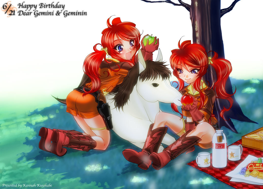 kannah, gemini sunrise, geminin sunrise, larry (sakura taisen), sakura taisen, sakura taisen v, 2girls, apple, ass, blue eyes, blush, boots, brown hair, character name, cup, food, fruit, gloves, hair tie, happy birthday, holding, holding food, holding fruit, jacket, leaning on animal, milk, mug, multiple girls, open mouth, orange jacket, orange skirt, picnic blanket, ponytail, red boots, red gloves, red hair, shirt, siblings, sidelocks, sisters, sitting, skirt, smile, tree, white horse, yellow shirt