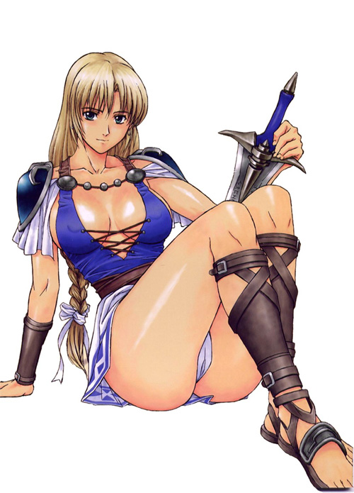 momoi nanabei, sophitia alexandra, soul calibur, soulcalibur, soulcalibur ii, 1girl, armor, armored dress, ass, blonde hair, braid, breasts, cameltoe, dress, female focus, laceups, large breasts, legs, long hair, long legs, panties, pantyshot, pauldrons, shoulder armor, single braid, solo, sword, thighs, underwear, upskirt, weapon, white background, white panties