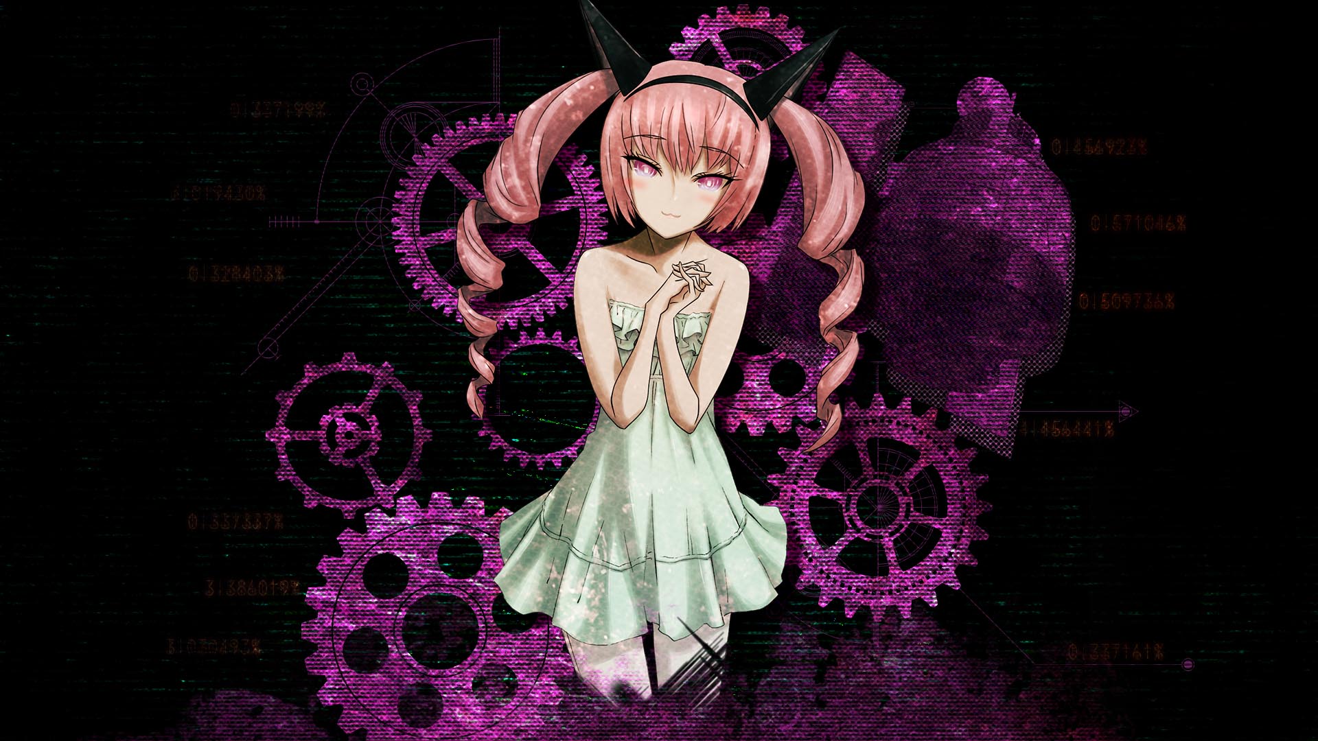 huke, akiha rumiho, science adventure, steins;gate, steins;gate: linear bounded phenogram, game cg, highres, official art, official wallpaper, 1girl, :3, blush, dress, loungewear, miniskirt, own hands together, pantyhose, ringed eyes, skirt, smile, solo, square pupils, sundress, white pantyhose