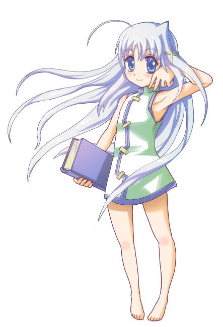 book of the azure sky, reinforce zwei, lyrical nanoha, mahou shoujo lyrical nanoha, mahou shoujo lyrical nanoha strikers, 00s, 1girl, ahoge, armpits, barefoot, blue eyes, blue hair, blush, book, child, dress, feet, female focus, hair ornament, long hair, matching hair/eyes, sleeveless, smile, solo, turtleneck, very long hair, x hair ornament