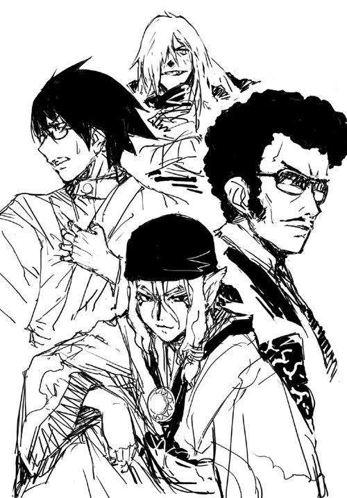 shirayuki shoushirou, itoshiki nozomu, kusuriuri (mononoke), masa (seto no hanayome), viral (ttgl), mononoke, sayonara zetsubou sensei, seto no hanayome, tengen toppa gurren lagann, 00s, 4boys, afro, bandana, black hair, blonde hair, crossover, facepaint, glasses, greyscale, hair tie, japanese clothes, kimono, long hair, looking at viewer, makeup, male focus, manly, medallion, monochrome, multiple boys, multiple crossover, obi, pointy ears, sash, short hair, sun symbol