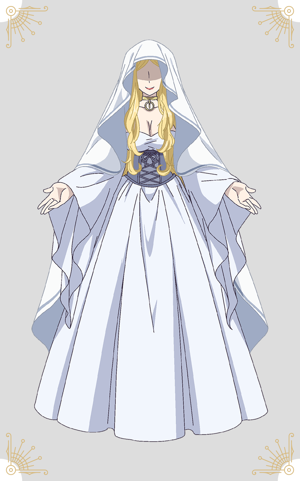 shiwasu takashi, fatema (kinsou no vermeil), kinsou no vermeil, highres, official art, 1girl, anime coloring, blonde hair, breasts, collar, collarbone, dress, faceless, faceless female, full body, grey background, grey corset, hands up, hood, hood up, large breasts, lips, long dress, long hair, long sidelocks, looking at viewer, metal collar, open hands, sidelocks, simple background, smile, solo, standing, tachi-e, very long hair, white dress, white hood