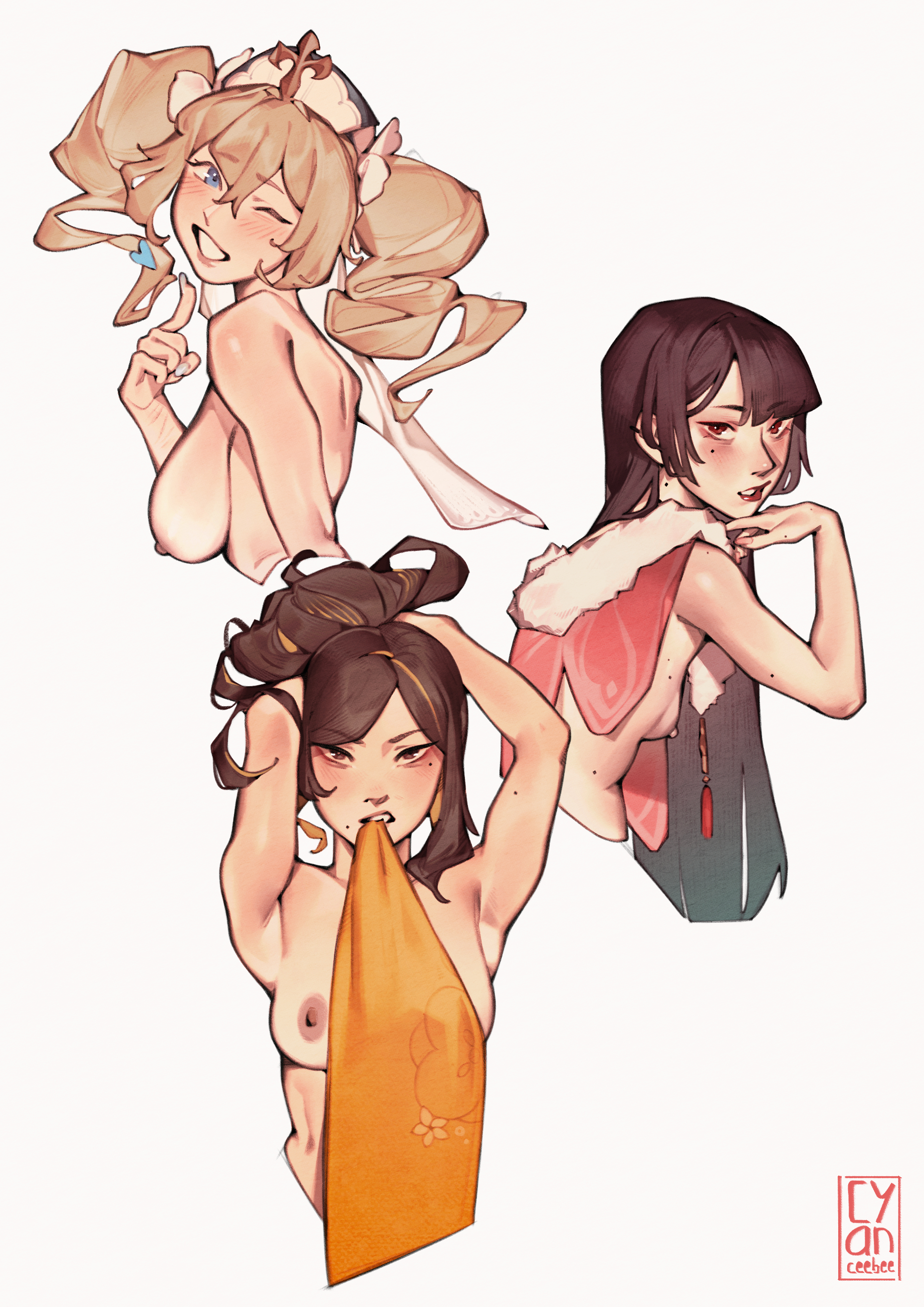 cyber (cyanceebee), barbara (genshin impact), chiori (genshin impact), yun jin (genshin impact), genshin impact, absurdres, highres, 3girls, armpits, artist logo, black hair, blonde hair, blue eyes, blush, breasts, bright pupils, brown eyes, brown hair, cape, cropped torso, cross, drill hair, fur-trimmed cape, fur trim, grin, hand on own face, hands up, large breasts, logo, long hair, mole, mole on arm, mole under eye, mouth hold, multiple girls, nipples, nude, one breast out, one eye closed, open mouth, pink-framed eyewear, red eyes, simple background, small breasts, smile, straight hair, twin drills, upper body, wavy hair, white background, white pupils