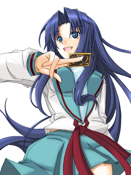 ribi, asakura ryoko, suzumiya haruhi no yuuutsu, yu-gi-oh!, 00s, 1girl, blue eyes, blue hair, breasts, card, crossover, female focus, holding, holding card, large breasts, long hair, long sleeves, matching hair/eyes, school uniform, serafuku, simple background, skirt, solo, yu-gi-oh (card)