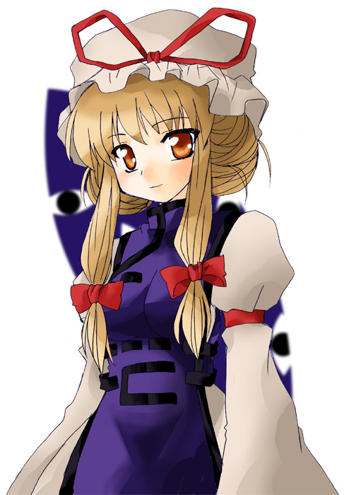 miyabe kotomi, miyabe makoto, yakumo yukari, touhou, 1girl, blonde hair, bow, female focus, gap (touhou), hair bow, hat, hat ribbon, juliet sleeves, long sleeves, looking at viewer, mob cap, orange eyes, puffy sleeves, red bow, red ribbon, ribbon, sidelocks, simple background, smile, solo, standing, tabard, white background, wide sleeves