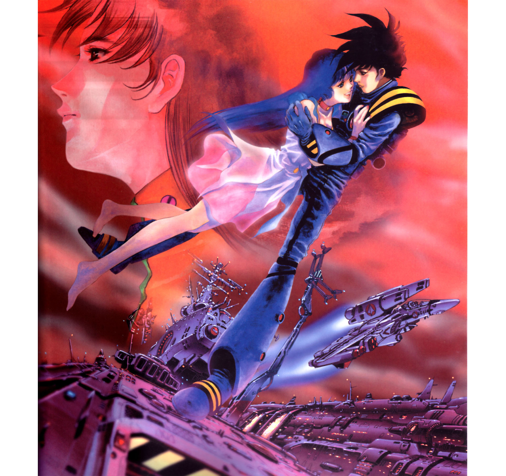 mikimoto haruhiko, hayase misa, ichijou hikaru, lynn minmay, sdf-1, vf-1, vf-1 super, vf-1a, choujikuu yousai macross, macross, macross: do you remember love?, 1980s (style), highres, official art, floating, oldschool, retro artstyle, space, spacecraft, spacesuit, u.n. spacy, watermark