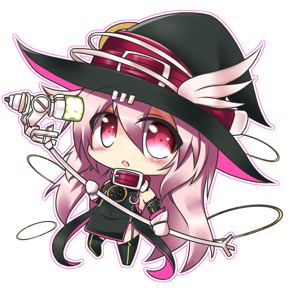 peta (taleslove596), nimue (kaku-san-sei million arthur), kai-ri-sei million arthur, million arthur (series), 1girl, belt collar, black dress, black sleeves, black thighhighs, chibi, collar, detached sleeves, dress, garter straps, hat, holding, holding microphone stand, large hat, long hair, microphone stand, open mouth, pink hair, red collar, red eyes, sleeveless, sleeveless dress, solo, thighhighs, white background, witch hat