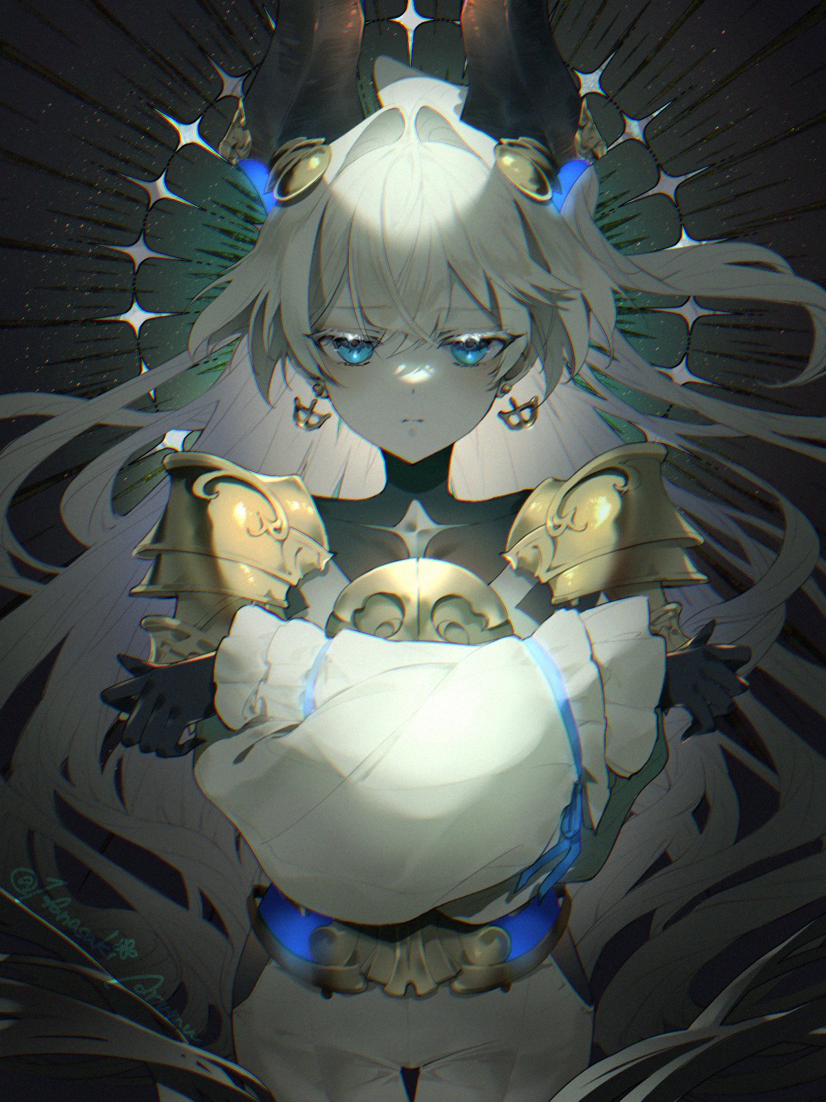 arumu, granblue fantasy, highres, 1girl, blue eyes, colored skin, crossed arms, gloves, horns, long hair, rel estalucia, shoulder pads, solo, very long hair, white hair, white skin