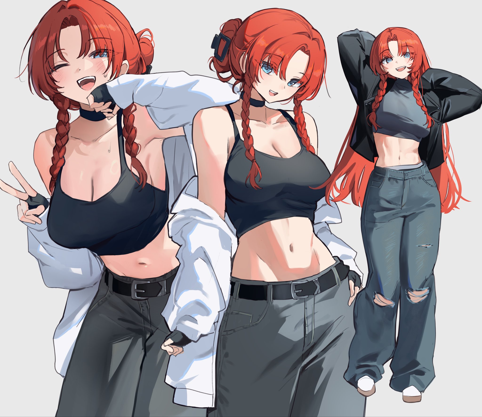 sarukana, hong meiling, touhou, highres, 1girl, :d, ;d, alternate costume, arm behind back, armpits, arms up, bare shoulders, belt, black belt, black camisole, black choker, black gloves, black jacket, braid, breasts, camisole, choker, cleavage, cowboy shot, crop top, denim, fingerless gloves, full body, gloves, grey pants, hair bun, hand on own hip, jacket, large breasts, leaning forward, long hair, looking at viewer, multiple views, navel, one eye closed, open mouth, panties, pants, panty peek, parted bangs, red hair, shoes, side braid, simple background, smile, stomach, teeth, torn clothes, torn pants, underwear, upper teeth only, v, very long hair, white background, white jacket, white shoes