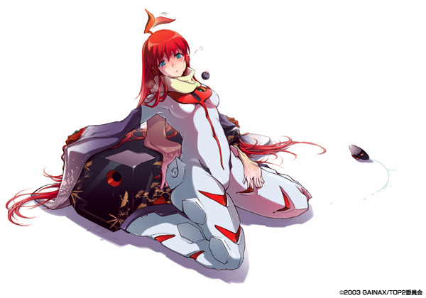 koyama shigeto, buster machine 7, nono (top wo nerae 2!), top wo nerae! (series), top wo nerae 2!, non-web source, 00s, 1girl, 2003, blush, bodysuit, female focus, gainaxtop, green eyes, kneeling, long hair, red hair, scarf, solo, white background