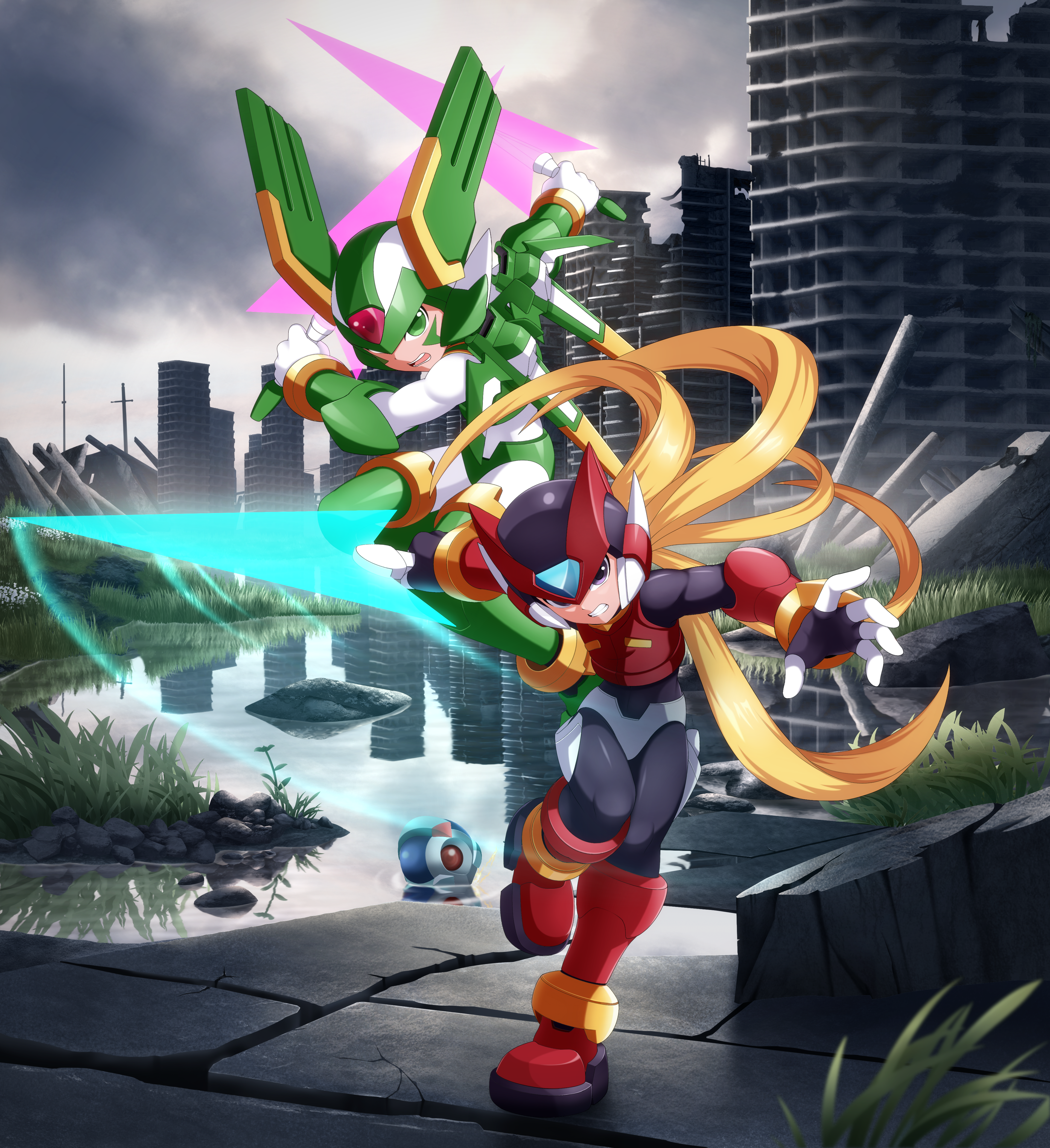 jwc vevo, pantheon (mega man), sage harpuia (mega man), zero(z) (mega man), zero (mega man), mega man (series), mega man zero (series), absurdres, commentary, english commentary, highres, 2boys, armor, black eyes, blonde hair, clenched teeth, dual wielding, energy sword, floating hair, forehead jewel, full body, green armor, green eyes, green helmet, green wings, helmet, holding, long hair, looking at viewer, male focus, mechanical wings, multiple boys, multiple wings, open mouth, outdoors, red armor, red helmet, sword, teeth, weapon, winged helmet, wings, z saber