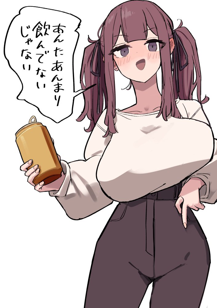kaerimichi (kaerimiti), natsuki karin, synthesizer v, 1girl, black ribbon, blush, breasts, brown hair, can, collarbone, cowboy shot, earrings, hair ribbon, hand on own hip, holding, holding can, jewelry, large breasts, long sleeves, looking at viewer, medium hair, open mouth, purple eyes, ribbon, shirt, solo, speech bubble, standing, twintails, white shirt