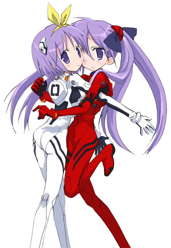 hizuki yayoi, ayanami rei, hiiragi kagami, hiiragi tsukasa, souryuu asuka langley, lucky star, neon genesis evangelion, 2girls, ayanami rei (cosplay), cosplay, interface headset (evangelion), long hair, mecha pilot suit, multiple girls, plugsuit (cosplay), plugsuit (evangelion), purple eyes, purple hair, short hair, siblings, sisters, souryuu asuka langley (cosplay), transparent background, twins