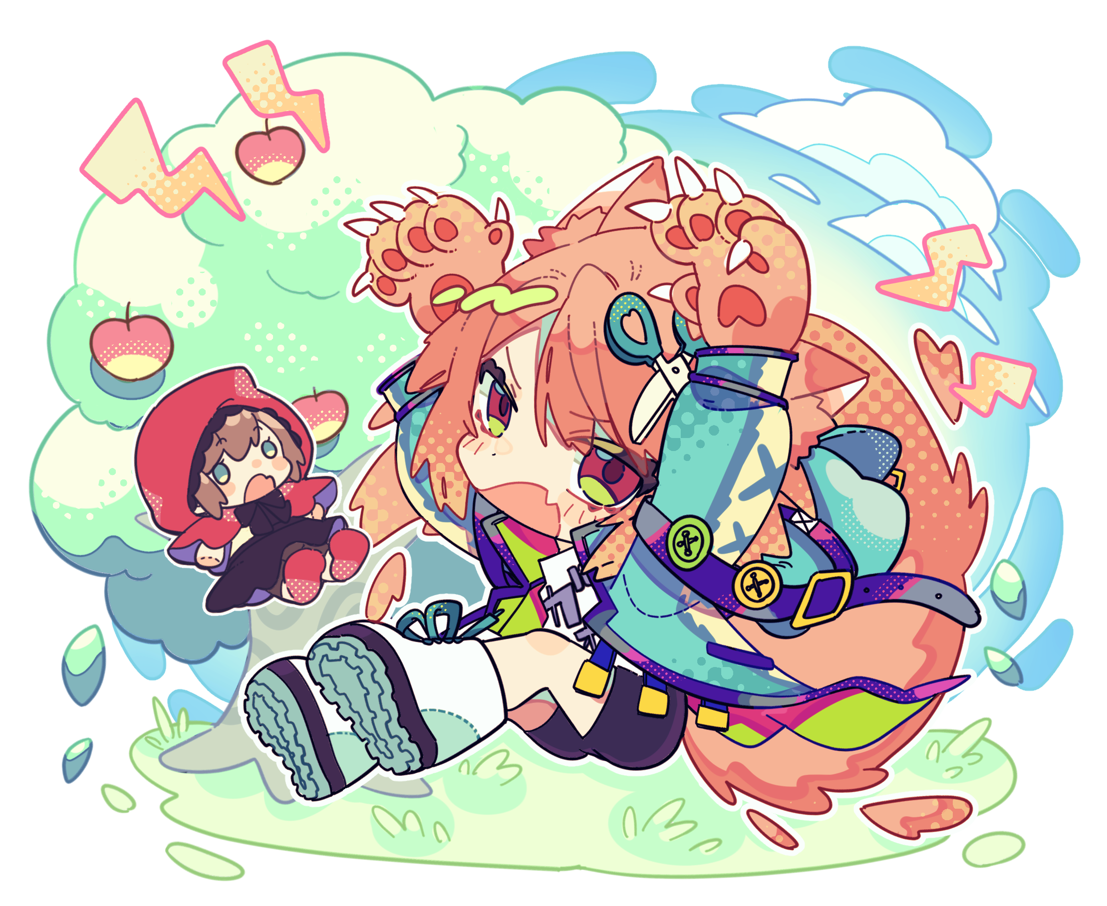 notamaru 2, little red riding hood (fairy tale character), little red riding hood (fairy tale), original, commentary request, highres, 2girls, animal ear fluff, animal ears, apple, apple tree, arms up, black shirt, blue jacket, blush stickers, boots, claws, day, fang, food, fruit, full body, jacket, lace-up boots, long sleeves, looking at viewer, multiple girls, open clothes, open jacket, open mouth, orange hair, outdoors, outline, red eyes, scissors hair ornament, shirt, short hair, skin fang, tail, tree, white boots, white outline, white shirt, wolf ears, wolf girl, wolf paws, wolf tail