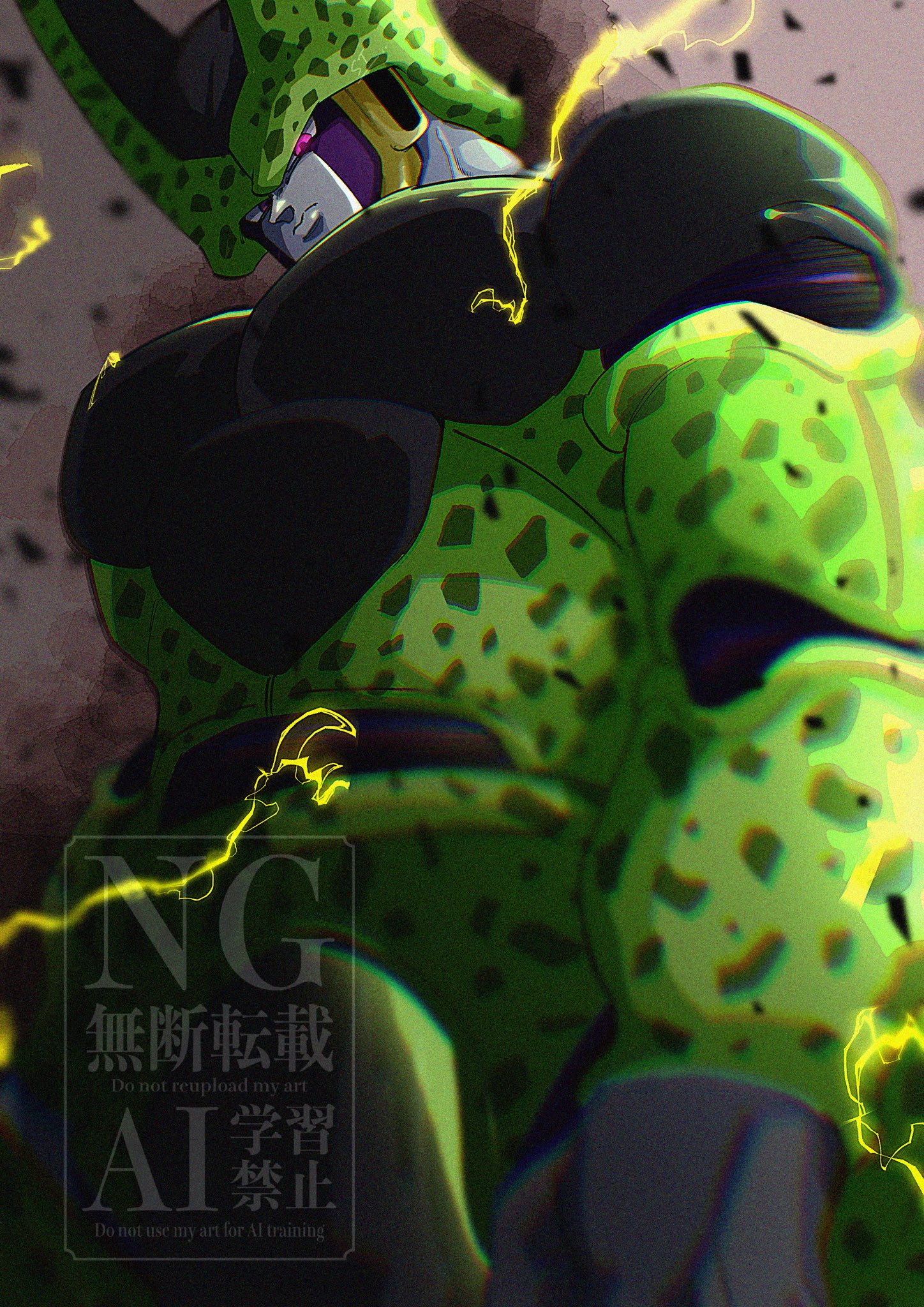 stktik09060906, cell (dragon ball), dragon ball, dragonball z, highres, 1boy, colored skin, cowboy shot, electricity, green skin, grey skin, male focus, red eyes, solo, watermark