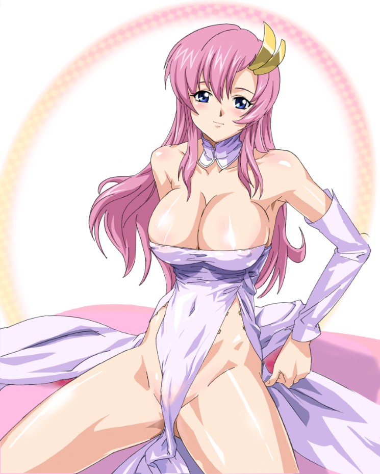 lux (alpa), lacus clyne, gundam, gundam seed, gundam seed destiny, duplicate, non-web source, 00s, 1girl, armpits, bare shoulders, bed, blue eyes, blush, body blush, breasts, cameltoe, choker, cleavage, covered erect nipples, detached sleeves, dress, female focus, formal clothes, gradient background, groin, hair ornament, indoors, large breasts, loincloth, long hair, looking at viewer, naughty face, navel, no bra, no panties, parted bangs, pink hair, polka dot, polka dot background, see-through clothes, shiny skin, shirt, side slit, sitting, skin tight, smile, solo, spread legs, taut clothes, taut shirt, thighs
