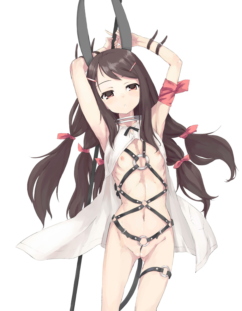 u (the unko), original, 1girl, animal ears, armpits, arms up, bdsm, bondage, bottomless, bound, bow, brown eyes, brown hair, female focus, flat chest, hair bow, hair ornament, hairclip, loli, long hair, multiple hair bows, navel, nipples, no bra, open clothes, open shirt, pussy, rabbit ears, red eyes, ribs, shibari, shibari under clothes, shirt, simple background, solo, strap, strap teddy, uncensored