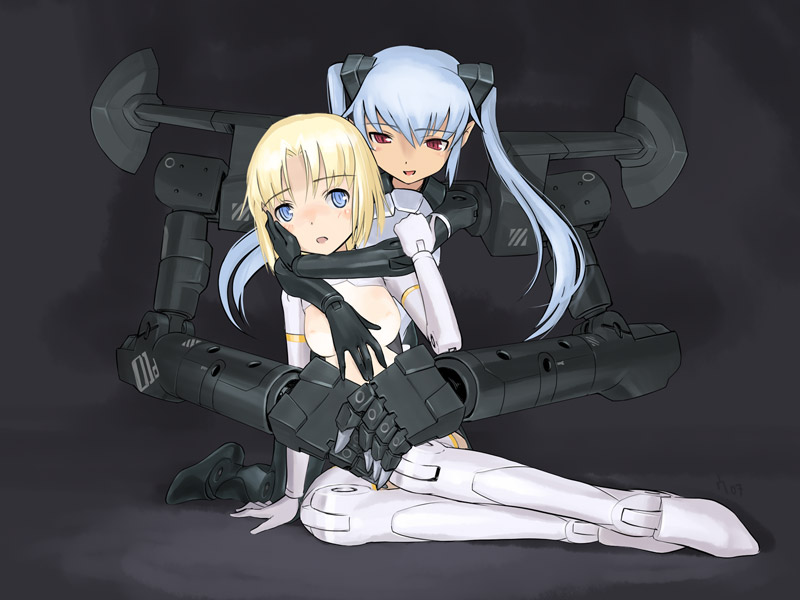 ugai yuichi, arnval, strarf, busou shinki, 10s, 2girls, black gloves, blonde hair, blue eyes, blue hair, blush, breasts, center opening, cleavage, cyborg, doll joints, elbow gloves, full body, gloves, hug, hug from behind, joints, long hair, mecha musume, multiple girls, pointy ears, red eyes, robot joints, short hair, sitting, small breasts, twintails, yokozuwari, yuri