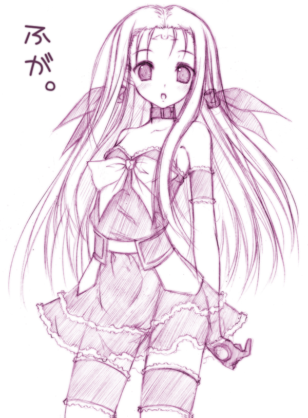 luna lia, asclepius (nanoha), lutecia, lutecia alpine, lyrical nanoha, mahou shoujo lyrical nanoha, mahou shoujo lyrical nanoha strikers, graphite (medium), traditional media, 00s, 1girl, facial mark, female focus, forehead mark, gloves, magical girl, monochrome, sketch, solo, thighhighs, zettai ryouiki