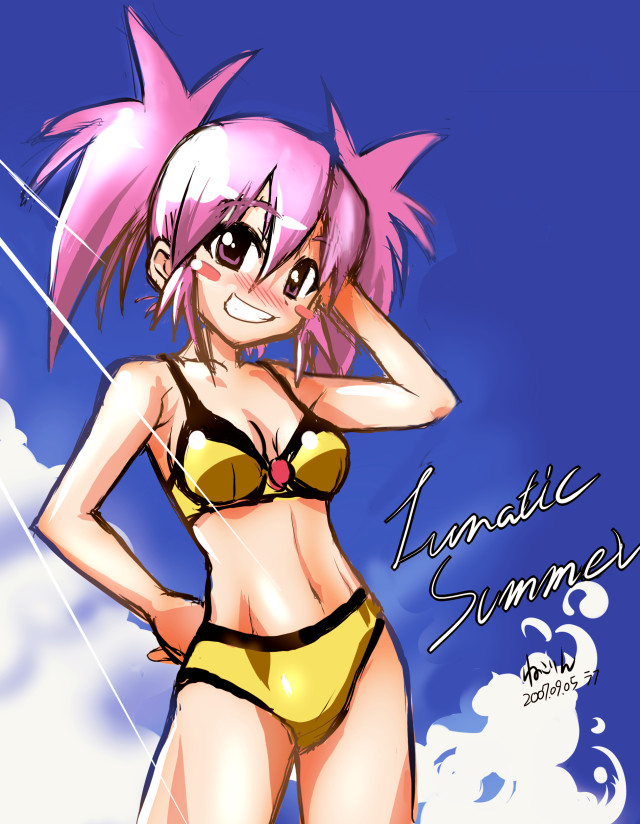 nekorin, edomae lunar, seto no hanayome, 00s, 1girl, artist name, bikini, blush, blush stickers, breasts, cowboy shot, dated, day, female focus, grin, medium breasts, outdoors, pink hair, sketch, sky, smile, solo, swimsuit, yellow bikini