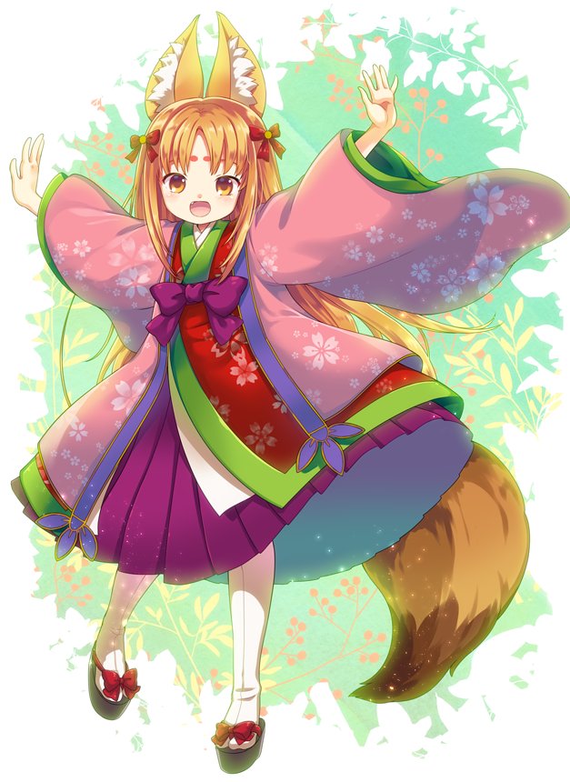 iris anemone, loki alma, emil chronicle online, 1girl, animal ears, blonde hair, breasts, fox ears, fox girl, fox tail, hair ribbon, japanese clothes, kimono, long hair, okobo, open mouth, outstretched arms, pink kimono, platform sandals, purple sash, red ribbon, ribbon, sandals, sash, small breasts, smile, solo, tail, thighhighs, white thighhighs, yellow eyes
