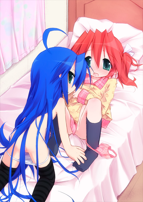 kuroba u, izumi konata, kobayakawa yutaka, lucky star, striped legwear, 00s, 2girls, :3, ahoge, bed, black socks, blue hair, blush, censored, clothed female nude female, convenient censoring, embarrassed, flat chest, green eyes, hair censor, hair ribbon, incest, indoors, kneehighs, kodomo doushi, loli, long hair, multiple girls, nude, panties, panties around leg, panty pull, red hair, ribbon, school uniform, serafuku, short hair, socks, striped clothes, striped panties, thighhighs, twintails, underwear, very long hair, white panties, yuri