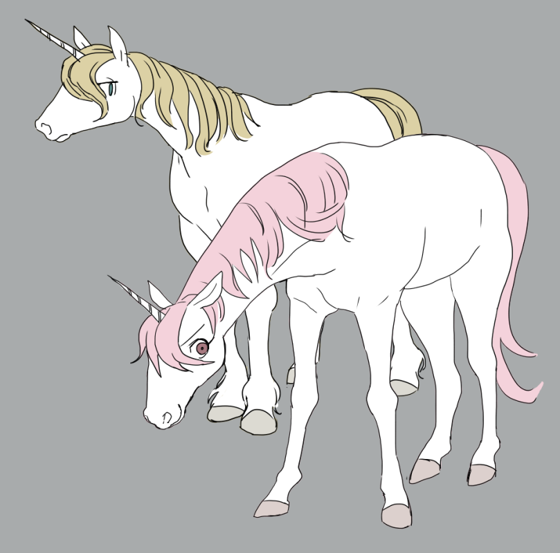 ikuta semi, uni (ikkakujuu wa tsuranukanai), ikkakujuu wa tsuranukanai, animal focus, blonde hair, grey background, hooves, no humans, pink hair, simple background, smile, standing, unicorn