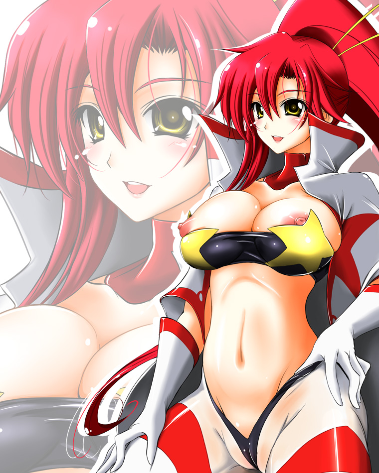 otone, space yoko, yoko littner, tengen toppa gurren lagann, 00s, 1girl, bandeau, breasts, female focus, large breasts, nipples, red hair, solo, strapless, thighhighs, tube top, zoom layer