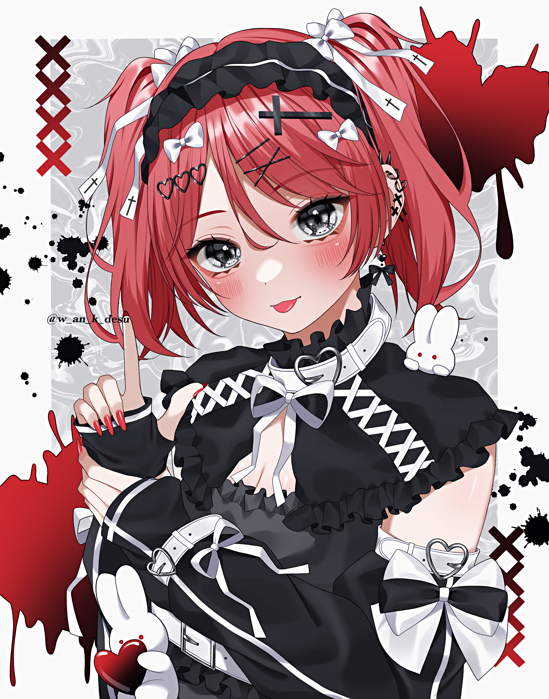 wanko (yurika0320), original, commentary, highres, symbol-only commentary, 1girl, :p, abstract background, arm up, artist name, belt, belt collar, black dress, black headdress, blush, border, breasts, cleavage, collar, cross, cross hair ornament, cross print, detached sleeves, dot nose, dress, ear piercing, earrings, fingernails, frilled dress, frills, grey border, grey eyes, hair between eyes, hair ornament, hair ribbon, hairclip, heart, heart belt buckle, heart hair ornament, holding own hand, index finger raised, jewelry, looking at viewer, parted bangs, piercing, rabbit, red hair, red nails, ribbon, ribbon earrings, short hair, short twintails, small breasts, solo, splotch, tongue, tongue out, twintails, upper body, white belt, white ribbon, x (symbol), x hair ornament