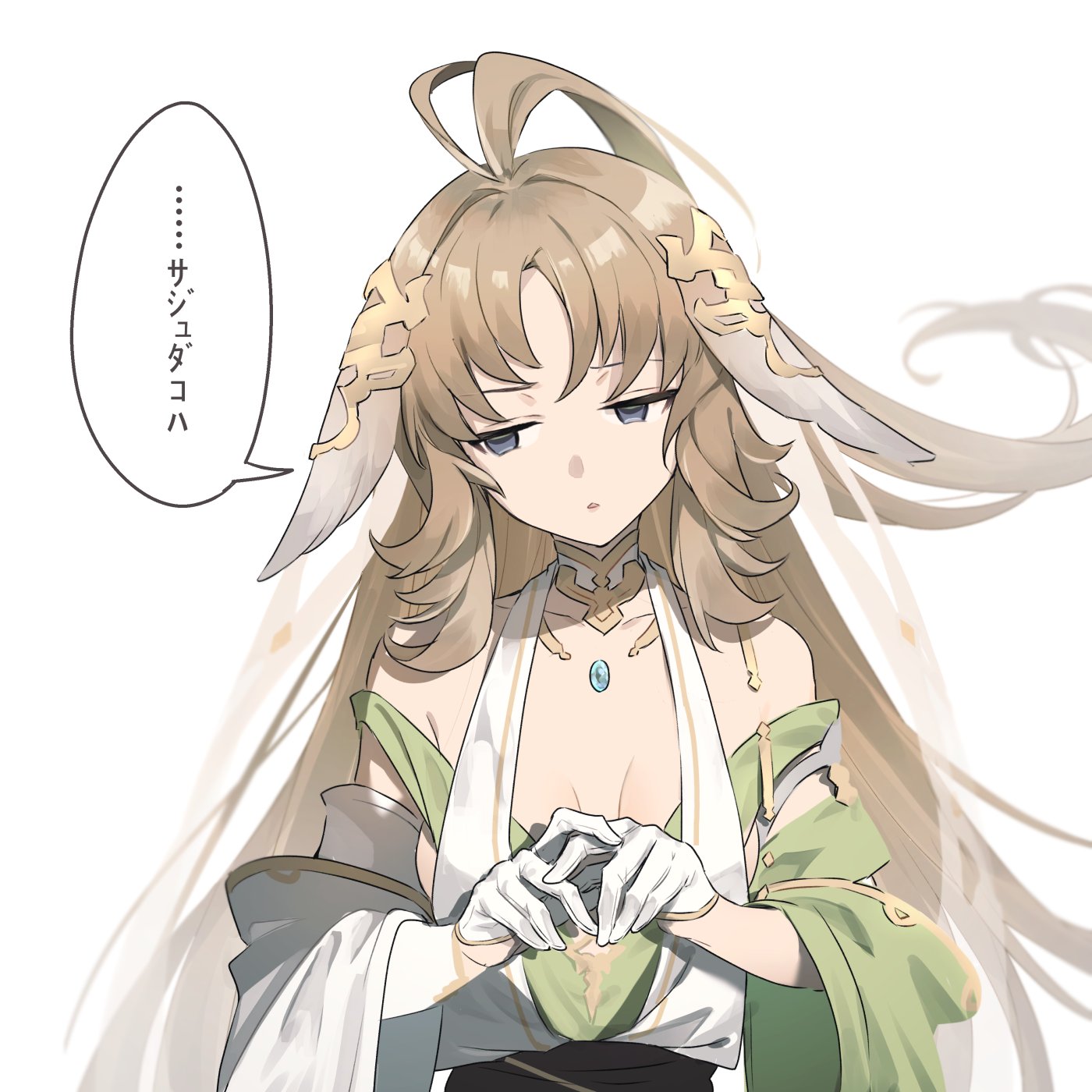 umeda shiso, granblue fantasy, highres, 1girl, bhaisa (granblue fantasy), blue eyes, breasts, brown hair, gloves, grey hair, long hair, looking at viewer, medium breasts, open clothes, simple background, solo