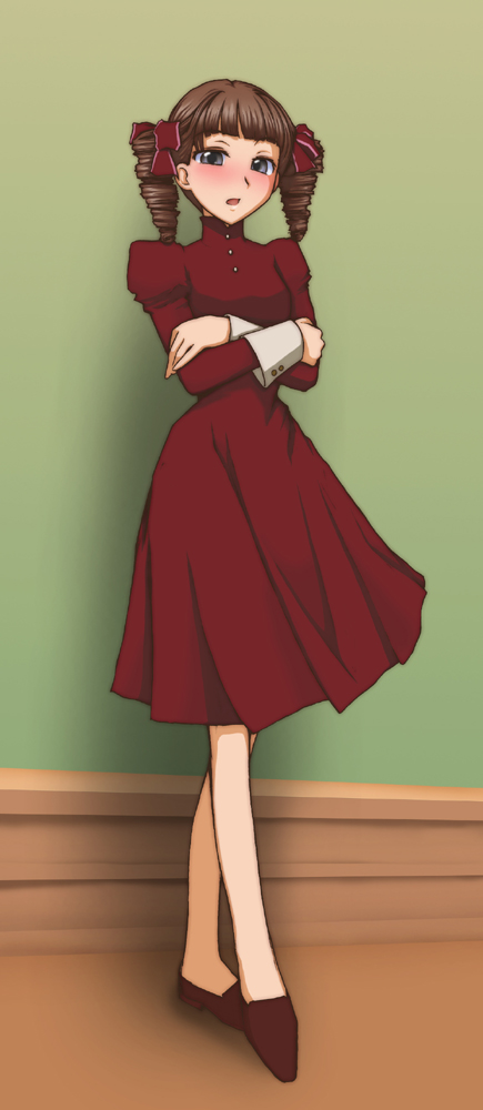 sasaki akira (ugc), matsudaira touko, maria-sama ga miteru, 00s, 1girl, blush, brown hair, crossed arms, dress, drill hair, female focus, grey eyes, open mouth, solo, twin drills, twintails