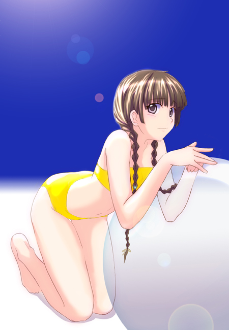 sasaki akira (ugc), shimazu yoshino, maria-sama ga miteru, 00s, 1girl, arched back, ball, bandeau, barefoot, beachball, bikini, braid, brown hair, female focus, grey eyes, hair over shoulder, kneeling, lens flare, long hair, navel, solo, strapless, swimsuit, tube top, twin braids, yellow bikini