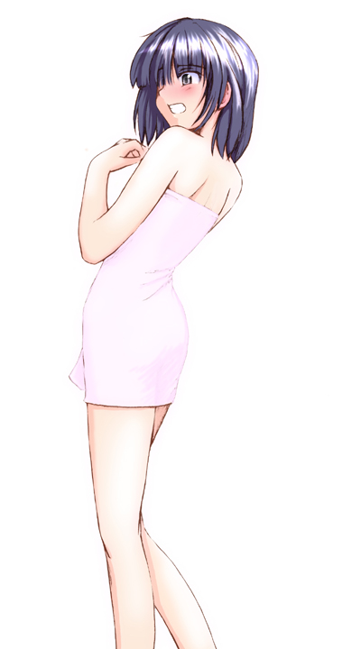 sasaki akira (ugc), nijou noriko, maria-sama ga miteru, 00s, 1girl, back, blue hair, clenched teeth, female focus, grey eyes, naked towel, short hair, solo, teeth, towel