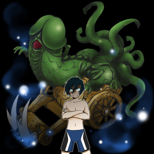 yan ton, mara (megami tensei), yuuki makoto (persona 3), atlus, persona, persona 3, 1boy, chariot, crossed arms, demon (megami tensei), great mara, male focus, misplaced genitals, penis, penis head, penis monster, space, tentacles, what, you gonna get raped