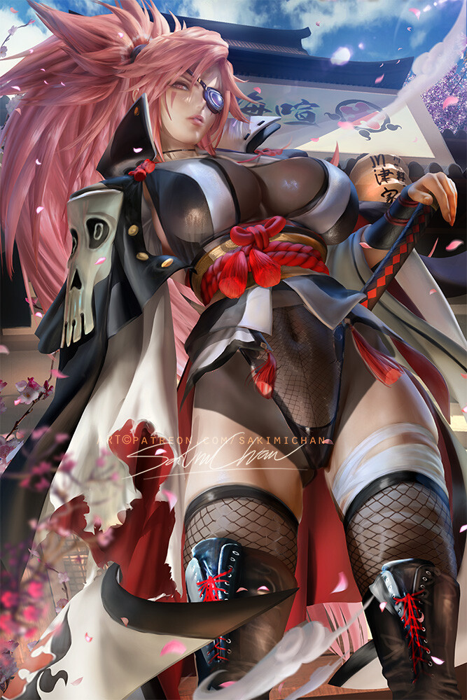 sakimichan, baiken, guilty gear, 1girl, amputee, breasts, cape, eyepatch, facial mark, falling petals, fishnets, huge breasts, japanese clothes, kimono, navel, peach blossom, petals, pink hair, ponytail, rope belt, see-through clothes, serious, spiked hair