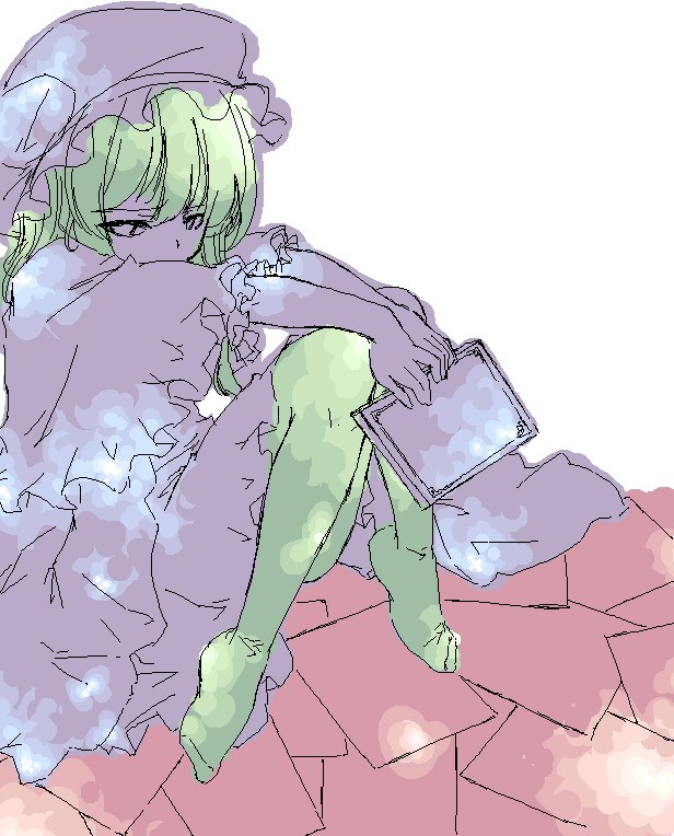sakuraba yuuki, patchouli knowledge, touhou, 1girl, feet, female focus, monochrome, oekaki, sitting, solo, spot color, thighhighs