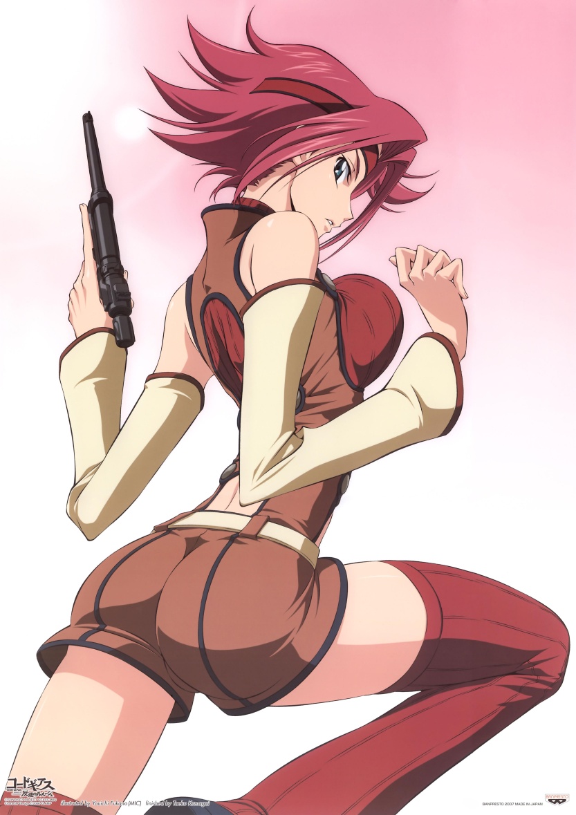fukano youichi, kouzuki kallen, code geass, 00s, 1girl, ass, bare shoulders, blue eyes, breasts, female focus, gun, handgun, headband, large breasts, nambu type 14, pistol, red hair, short hair, sleeveless, sleeveless turtleneck, solo, thighhighs, turtleneck, weapon